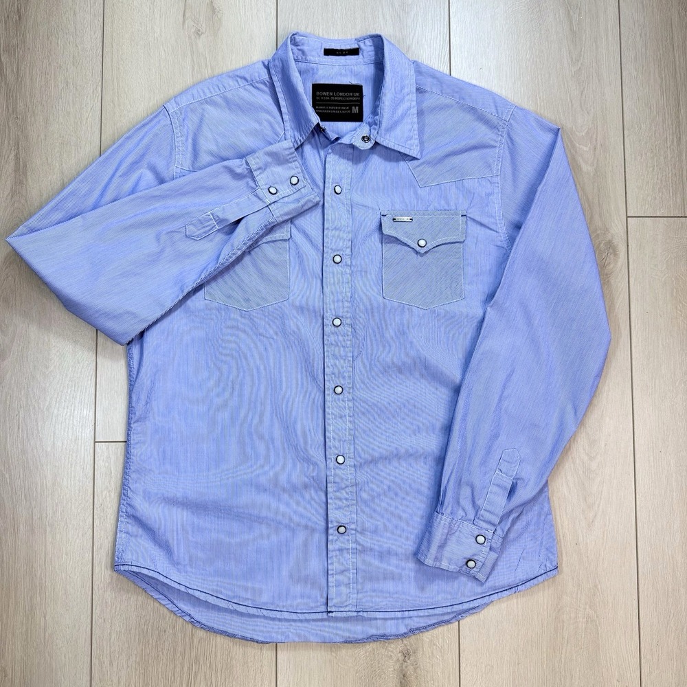 Bowen London UK Men's Blue Striped‎ Cotton Western Shirt Pearl Snap Medium M